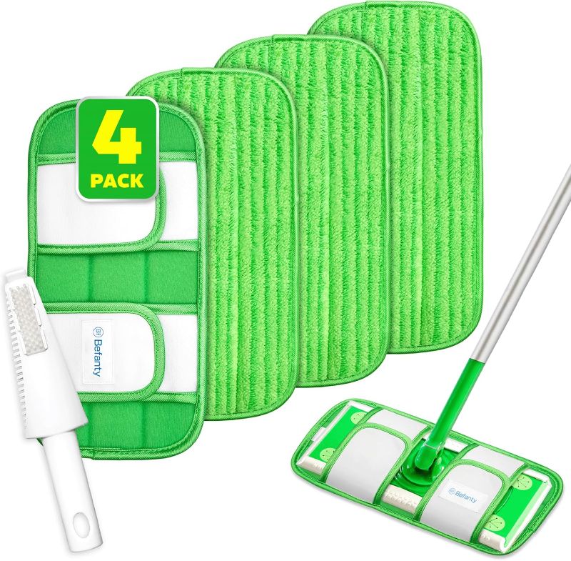 Photo 1 of 4 Pack Reusable Microfiber Mop Pads, Compatible with Swiffer Sweeper, Machine Washable Cloths, Scraper Included, Refills for All Floor Cleaning, Hook and Loop, Wet Dry - 10"- 12"