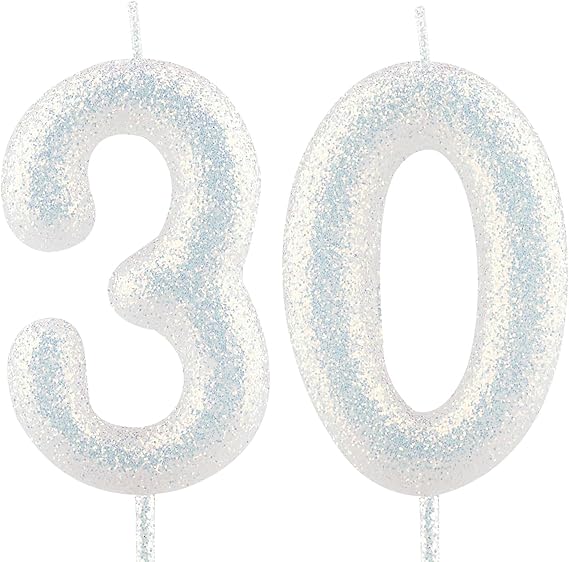 Photo 1 of Birthday Candle Number 30 White Iridescent 30th Glitter Birthday Candles Cake Topper Decorations for Party Celebration Decor Supplies