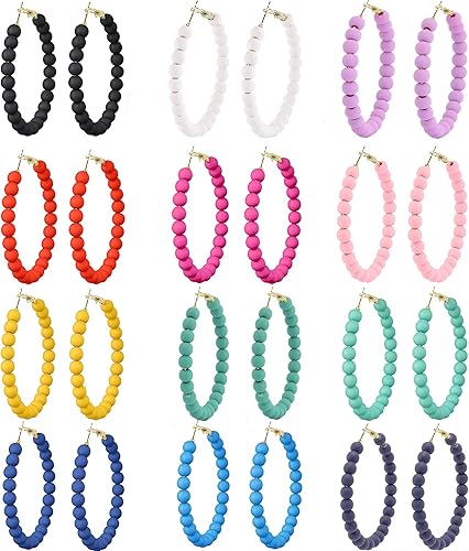 Photo 1 of CASDAN 12 Pairs Beaded Hoop Earrings for Women Bohemian Circle Round Bead Earrings Colorful Vintage Acrylic Beads Dangle Earrings