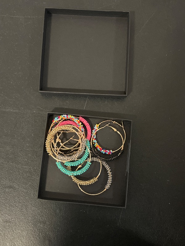Photo 1 of CASDAN 12 Pairs Beaded Hoop Earrings for Women Bohemian Circle Round Bead Earrings Colorful Vintage Acrylic Beads Dangle Earrings