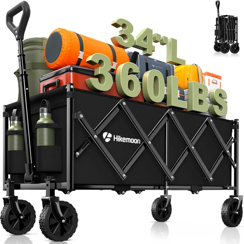 Photo 1 of EMP BUYING 34'' Extra Long Collapsible Wagons Carts Foldable, 360LBS Heavy Duty Folding Beach Wagon Cart with Wheels, Portable Utility Outdoor Wagon for Grocery, Shopping, Garden, Sports, Camping, Black