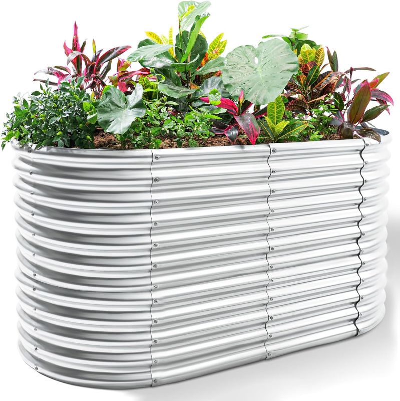 Photo 1 of Land Guard 6x3x3ft Oval Galvanized Raised Garden Beds, Large-Capacity Metal Planter Box Outdoor, Durable Deep Raised Garden Bed 3ft Tall, Raised Beds for Gardening Vegetables, Classic Silverv