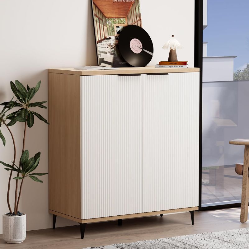 Photo 1 of Sideboard Buffet Cabinet with Storage, Fluted Accent Cabinet - Coffee Bar & Console for Kitchen, Dining, Entryway & Living Room, White+Natural