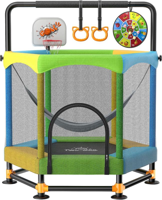 Photo 1 of 60" Trampoline for Kids, Twinkoo 5FT Fortified Toddler Trampolines with Anti-Rollover Bottom, Indoor/Outdoor Toddler Trampoline with Safety Enclosure, Adjustable Gymnastics Bars, Basketball Hoop