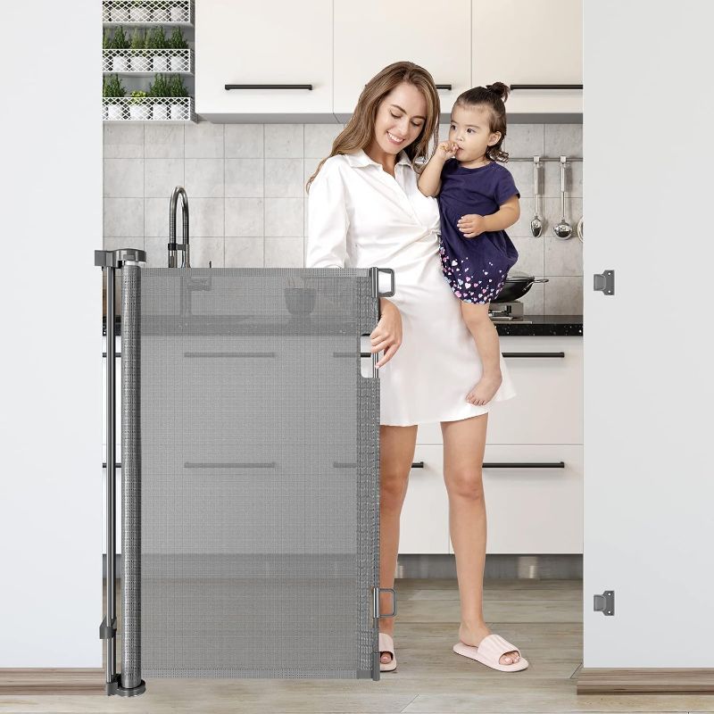 Photo 1 of Extra Tall Retractable Baby Gates for Doorways 56" Wide Baby Gate Retractable Dog Gate Indoor Outdoor Mesh Pet Gate Adjustable Tall Pet Gate for Stairs Dog Gates for The House, Grey