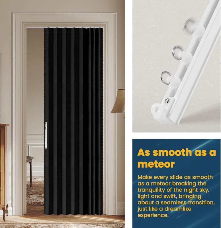 Photo 1 of AJAZZ 100% Blackout Sliding Door Curtains for Doorways, Accordion Doors for Doorway, Magnetic Door Curtain for Bedroom Living Room Doorway Curtain Sets Included Tracks (1Panel, 43W x 79 L, Black)