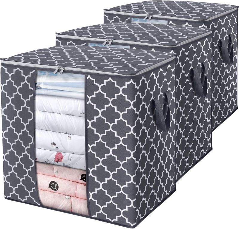 Photo 1 of WISELIFE Storage Bags [3 Pack/100L] Large Blanket Clothes Organization and Storage Containers for Comforters,Bedding, Foldable Organizer with Reinforced Handle, Clear Window, Sturdy Zippers,Gray
