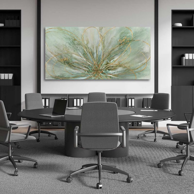 Photo 1 of  Abstract Wall Art Green and Gold Hand Painted Oil Painting Blossom Botanical Large Picture for Living Room Bedroom Kitchen Office 30x60 Inch