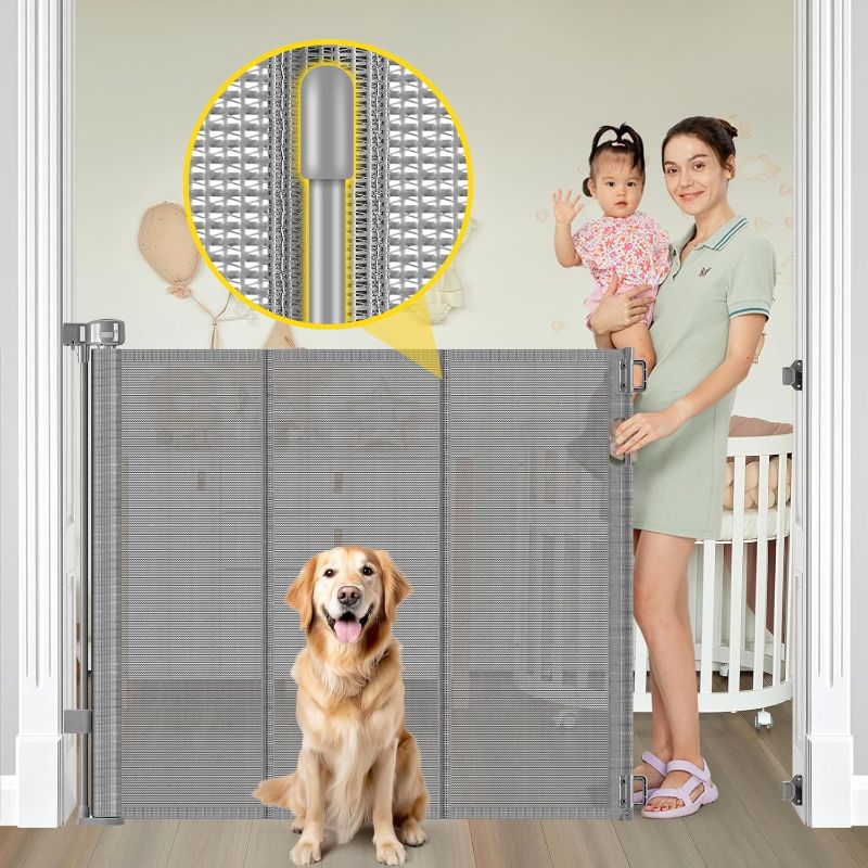 Photo 1 of Reinforced 42” Extra Tall Pet Gate for Doorways, Extends up to 60” Wide, Extra Tall Retractable Baby Gates with Rods to Prevent Crawling Through Retractable Mesh Dog Gate Indoor Outdoor, Gray
