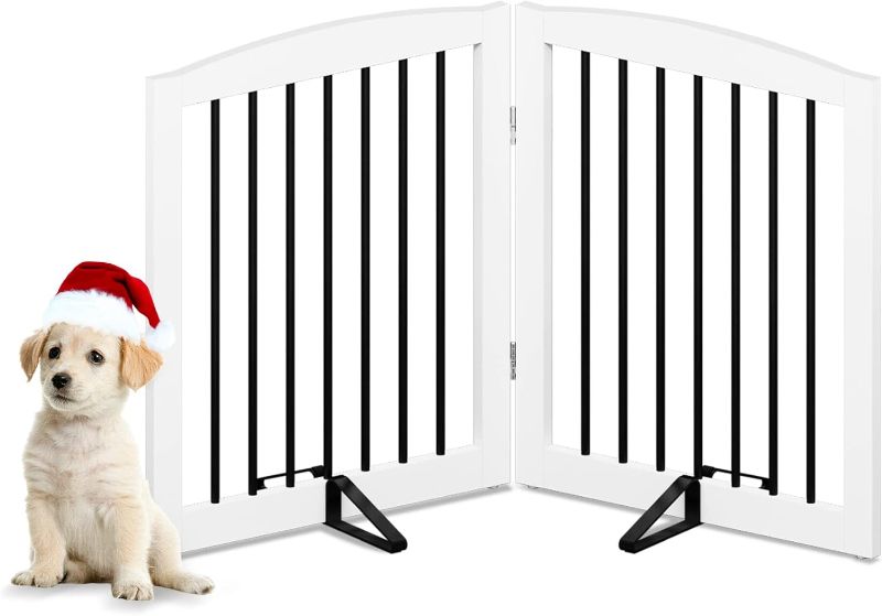 Photo 1 of Freestanding Pet Gate for Dogs, Foldable Wooden Dog Gate for House, Indoor Pet Barrier for Stairs, Doorways, Support Feet Included, 24" Height 2 Panels, White