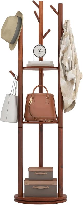 Photo 1 of Rotary Coat Rack, Wooden Coat Rack Freestanding with 3 Shelves and 9 Hooks, Coat Tree, Sturdy and Easy Assembly Coat Rack Stand for Entryway,Hallway,Bedroom,Coats,Bags,Hats