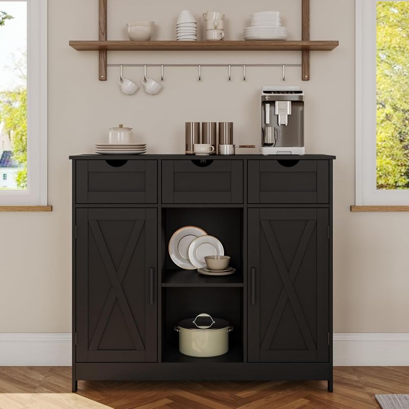 Photo 1 of Storage Cabinet, Coffee Bar Cabinet with 2 Adjustable Shelves, 3 Drawers, and 2 Doors, for Bathroom, Kitchen, Living Room (Black)