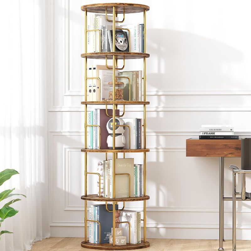 Photo 1 of 5Tier Rotating Bookshelf, 360 ° Display Stackable Spinning Bookshelf Tower, Narrow Space Saving Tall Floor Standing Swivel Bookcase Corner Storage Organizer for Bedroom/Living Room/Office?Gold