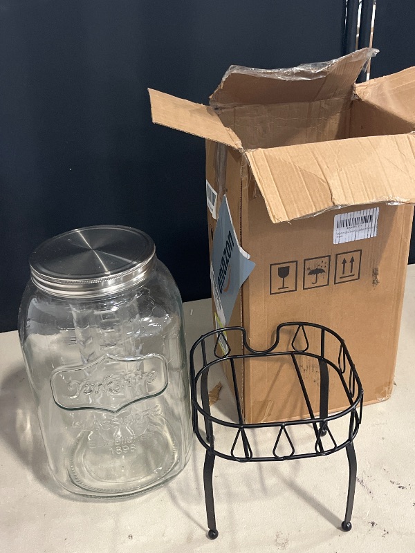 Photo 1 of 2 Gallon Glass Beverage Dispenser with Stand & Fruit Infuser, Stainless Steel Spigot - Glass Drink Dispensers for Parties, Drink Dispensers with Lids for Lemonade Sun Tea
