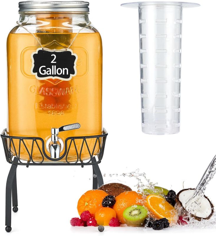 Photo 1 of 2 Gallon Glass Beverage Dispenser with Stand & Fruit Infuser, Stainless Steel Spigot - Glass Drink Dispensers for Parties, Drink Dispensers with Lids for Lemonade Sun Tea
