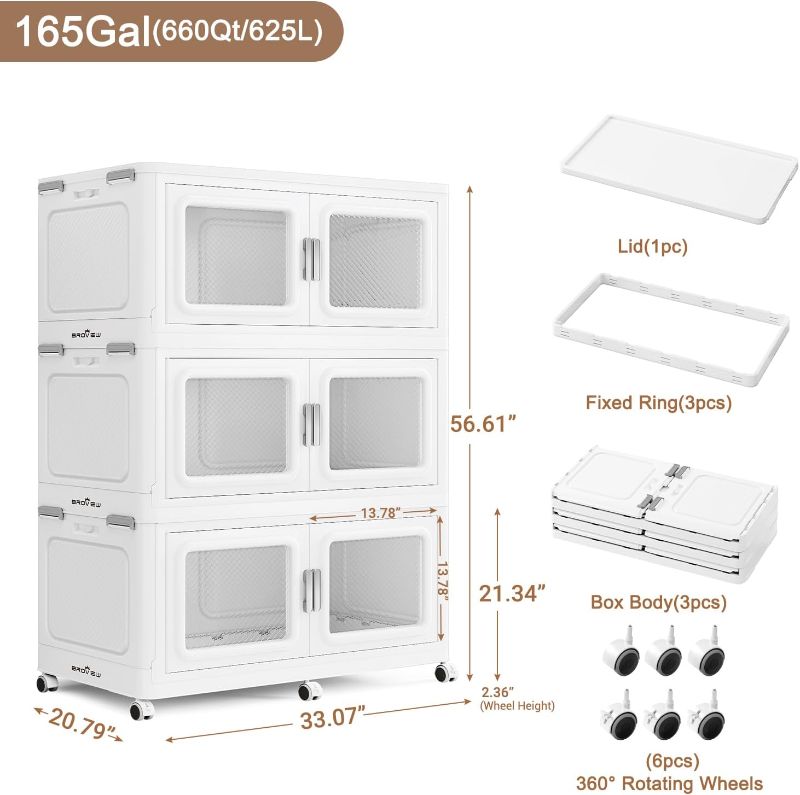 Photo 1 of  Stackable Storage Bin with Lid, 165Gal Extra Large Collapsible Storage Boxes, Folding Plastic Drawer, Heavy-Duty Store Cabinet, Closet Organizer for Home Kitchen, 3 Pack White