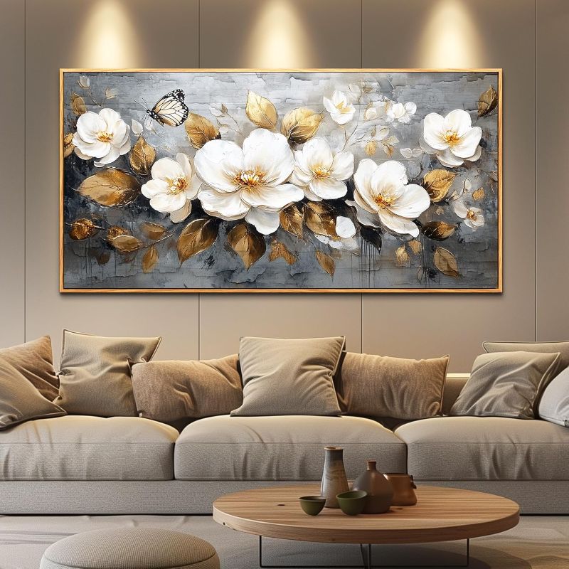 Photo 1 of Wood Framed Canvas Wall Art For Living Room Wall Decor For Bedroom Office Wall Decoration White Flower Painting Farmhouse Pictures Artwork Room Aesthetic Home Decor 20x40 In