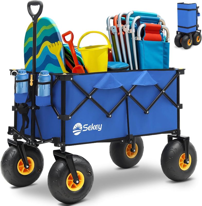 Photo 1 of Heavy Duty Beach Wagon with 9" Big Sand-Proof Wheels – 440lb Capacity, Sekey 200L Oversized Foldable Cart | Adjustable Handle & All-Terrain Tires for Sand, Camping, Groceries. Blue&Black