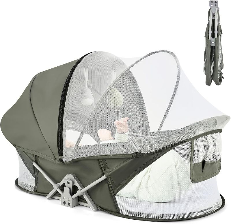 Photo 1 of Portable Baby Bassinet Travel Baby Bed, Baby Cribs Travel Pod for Outdoors Baby Lounger Infant Travel Bed with Mosquito Net and Sunshade Canopy, Lightweight Washable