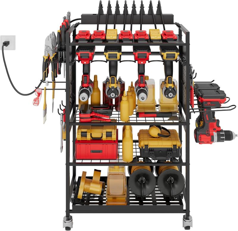 Photo 1 of Power Tool Organizer Cart with Charging Station, Garage Floor Rolling Storage for 6 Mobile Drill, Mechanic, Power Tool Box Utility Cart with Battery Charging, Black, Gift for Men, Father