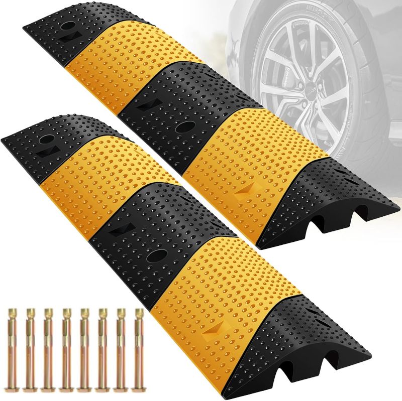 Photo 1 of Speed Bumps for Road, 2 Pack 39.3" Rubber Speed Bumps, 2 Channel Total 78.7'' Long Speed Bump Rated 66000 LBS Load Capacity, 8 Bolt Spikes Anchors Speed Humps for Asphalt, Driveway, Gravel, Concrete