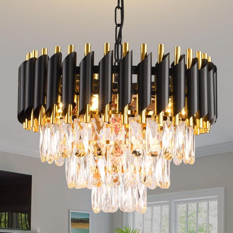 Photo 1 of Modern Crystal Chandelier Black and Gold Chandelier 3-Tier Round Chandeliers Pendant Ceiling Light Fixture Flush Mount Chandelier for Dining Room Living Room Bedroom Foyer Hallway Entryway W16"