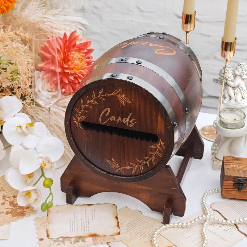 Photo 1 of OurWarm Wooden Card Box for Wedding, Vintage Gift Card Box with Base, Whiskey Barrel Wedding Card Boxes for Reception Party Graduation Bridal Baby Shower Birthday Decoration