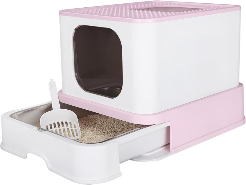 Photo 1 of Rizzari Cat ter Box, Foldable Cat Box with Drawer, Large Capacity Litter Box with Lid, Top Opening Litter Pan for Small to Big Cats (Pink-Stainless Steel Basin)