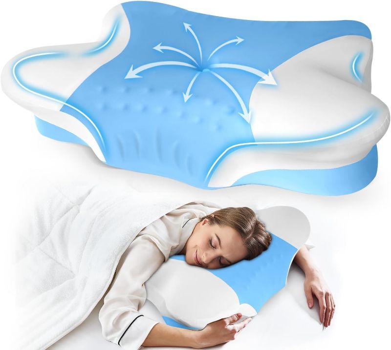 Photo 1 of Cervical Neck Pillows with Memory Foam - Ergonomic Neck Support Pillows for Pain Relief Contour Memory Foam - Adjustable Orthopedic Bed Pillows with Cooling Breathable Pillowcase for Sleeping - Blue
