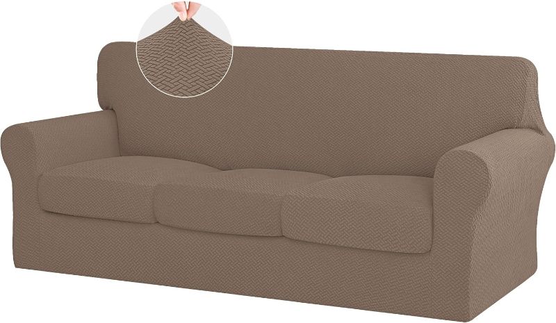 Photo 1 of ISSUNTEX 4 Pieces High Stretch Thicken Couch Covers, Soft Sofa Slipcover for 3 Separate Cushion Couch, Jacquard Fabric Elastic Sofa Cover Furniture Protector for Dogs (Sofa, Camel)