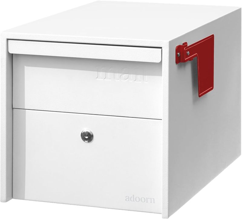 Photo 1 of Adoorn Lockable Post Mount Mailbox | White, Small 12 x 12 x 18.5 (HxWxD) Anti-Theft Locking Mailbox with 2 Keys, Modern Mailbox with Flag, Weatherproof Mailboxes for Outside