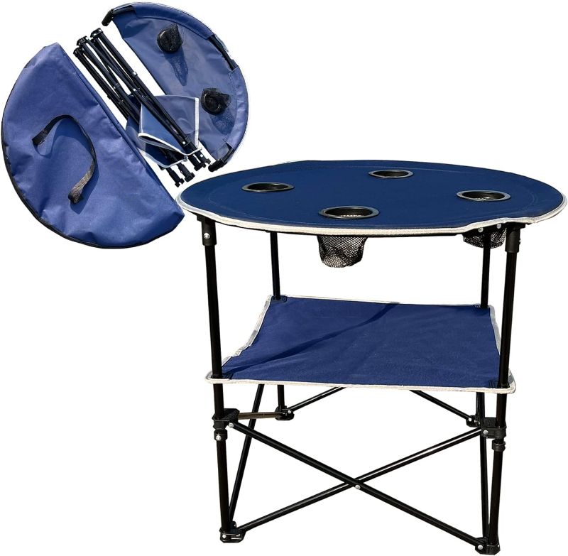 Photo 1 of Camping Table & Beach Table, – Portable 2-Tier Foldable Table with 4 Cup Holders & Carry Bag, Lightweight Waterproof Oxford Fabric for Outdoor Adventures, Picnic, Tailgating, and Fishing
