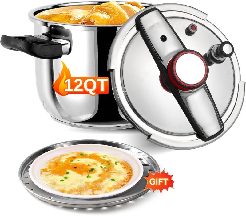Photo 1 of Pressure Cooker 12 QT, Stainess Steel Pressure Canner 12 Quart, Explosion-Proof Cookware, Rotating Lock/Unlock Lid, One-handed lid opening, Thickened Silicone Ring And Anti-scald Handle, Silver