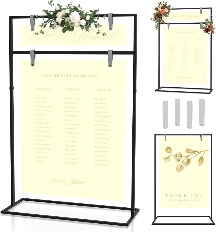 Photo 1 of Welcome Sign Stand - Metal Poster Holder Stand with Adjustable Bar & Leather Straps - Floor Easel Stand for Sign Photo Display, 2Tier Standing Easel Wedding Sign Holder for Baby Showers & More