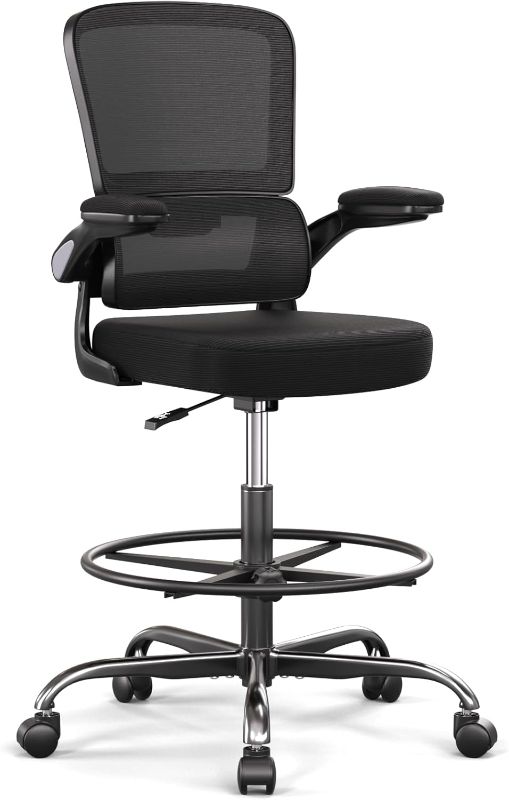 Photo 1 of Ergonomic Drafting Chair with Footrest,Tall Office Chair for Standing Desk with Flip-up Armrests with Breathable Comfy Mesh Support and Adjustable Foot Rest Ring(Black)