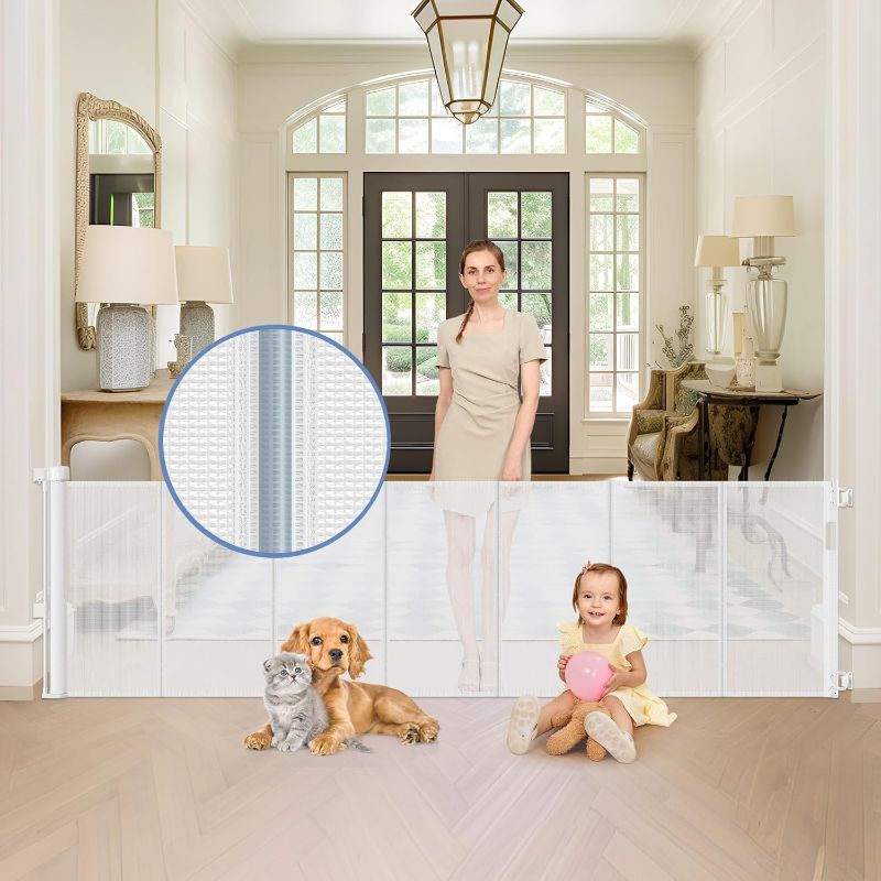Photo 1 of Reinforced 90 Inch Wide Retractable Baby Gates for Doorways Extra Wide Outdoor Retractable Gate for Dogs Reinforced Bottom to Prevent Crawling Through Mesh Baby Gate Long Dog Gates Indoor Extra Long