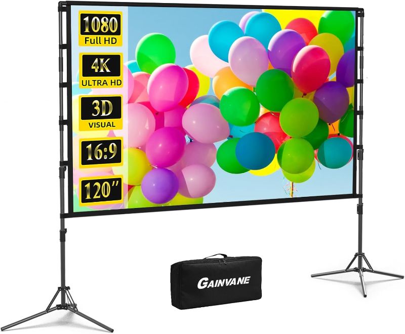 Photo 1 of Projector Screen and Stand,GAINVANE 120 inch Portable Projector Screen Indoor Outdoor Projection Screen 16:9 4K HD Wrinkle-Free Light-Weight Movie Screen with Carry Bag for Backyard Movie Night