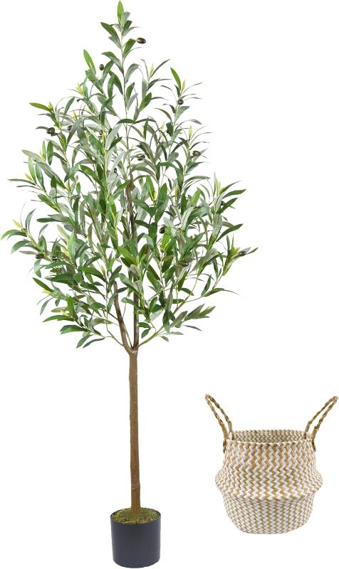 Photo 1 of Artificial Olive Tree, 5ft Tall Fake Olive Leaves Plant with Basket, Indoor Outdoor Faux Olive Topiary Silk Tree for Home Livingroom Office House Décor