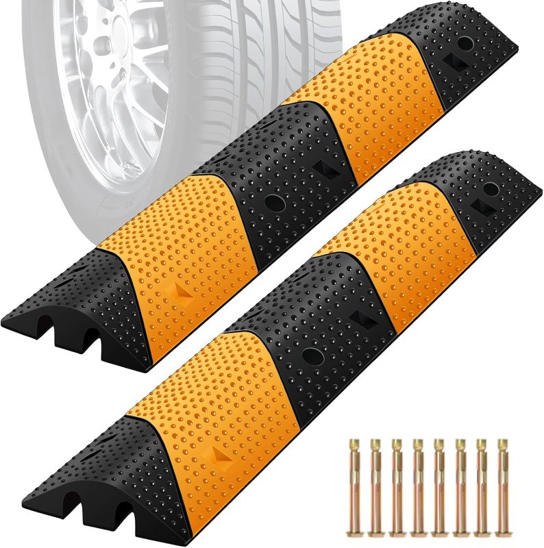 Photo 1 of Rubber Speed Bumps for Road [2 pcs],78.7'' Total Long,66000 LBS Load Capacity,2 Channel Modular Heavy Duty Bump,Cable Protector Ramp with 8 Expansion Screws,for Asphalt Concrete Gravel Driveway
