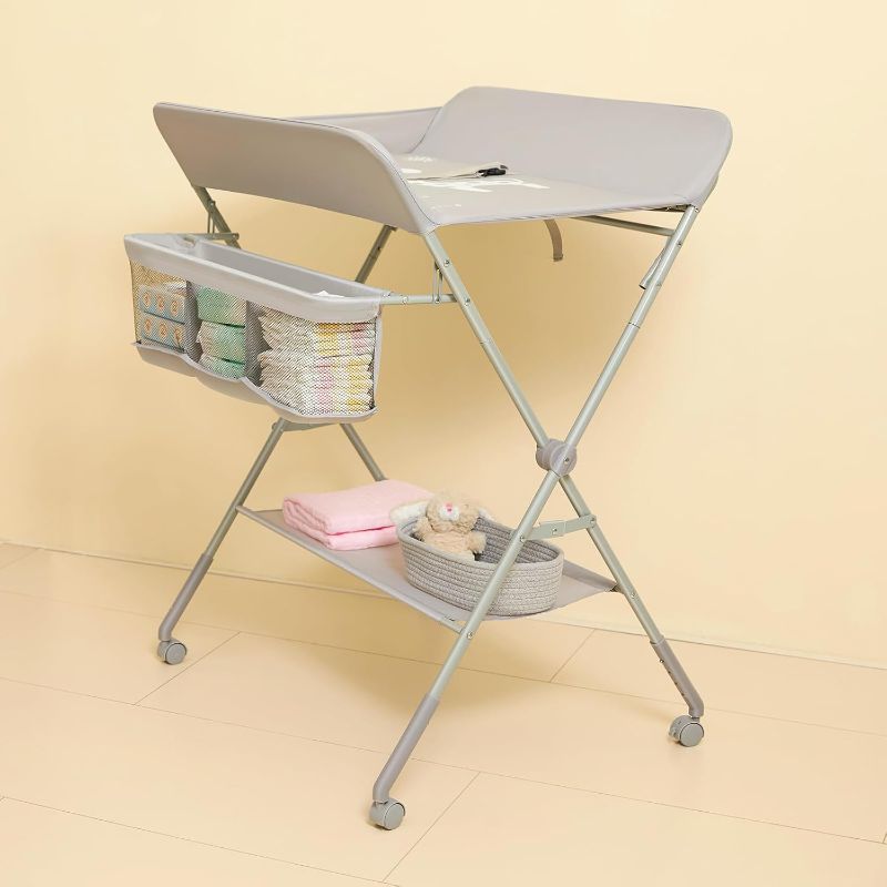 Photo 1 of KARAOK Baby Changing Table with Wheels, Portable Diaper Changing Station with 4-Level Height Adjustment & Storage Rack for Newborn, Infant(Light Grey)