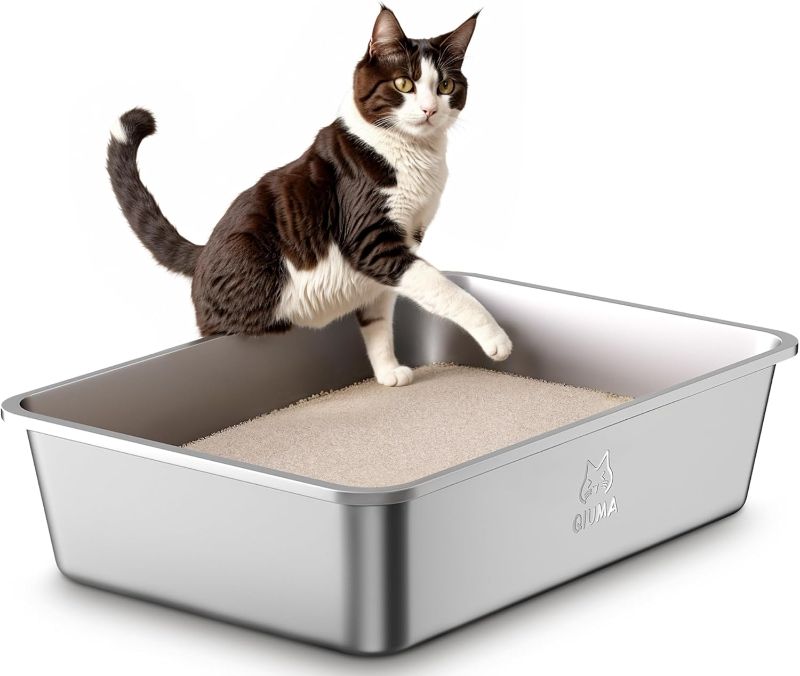 Photo 1 of Stainless Steel Litter Box, Large Metal Cat Litter Box with High Sided for Big and Small Cats, Kitty Litter Boxes, Non-Stick, Easy to Clean, Odor-Free, Cat Toilet Litterbox