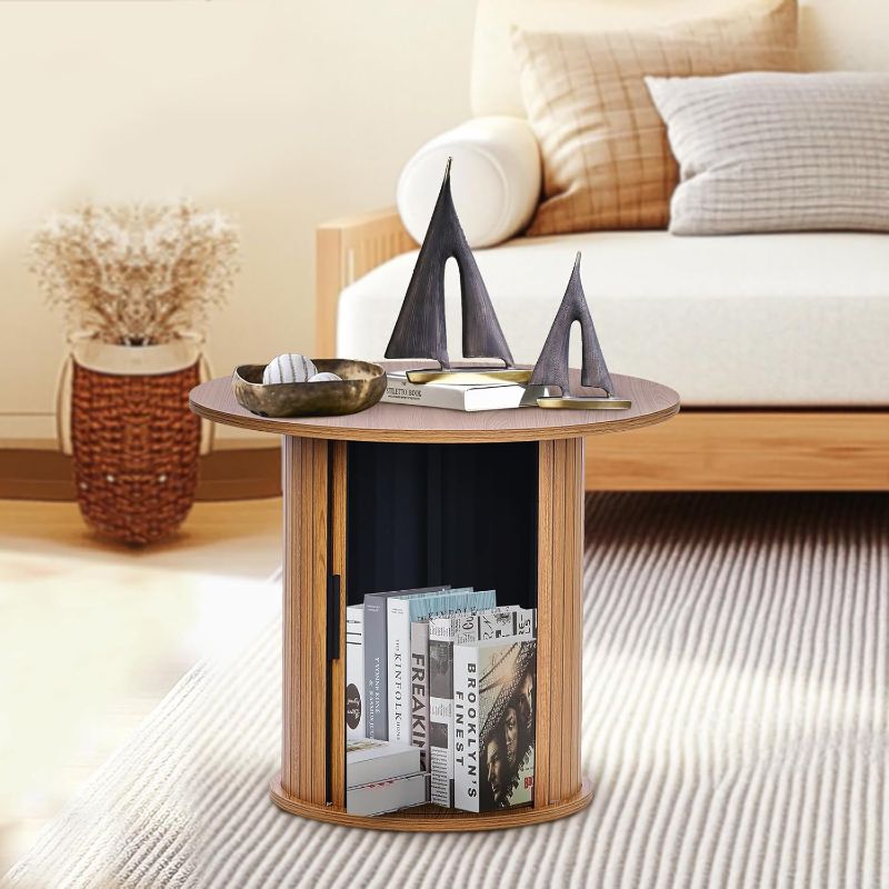 Photo 1 of Modern Walnut End Table with Storage - Fluted Design Living Room Accent Table, Tall Bedside Nightstand & Sofa Side Table for Small Spaces, Dark Wood Finish (23.6" Wide, Natural)