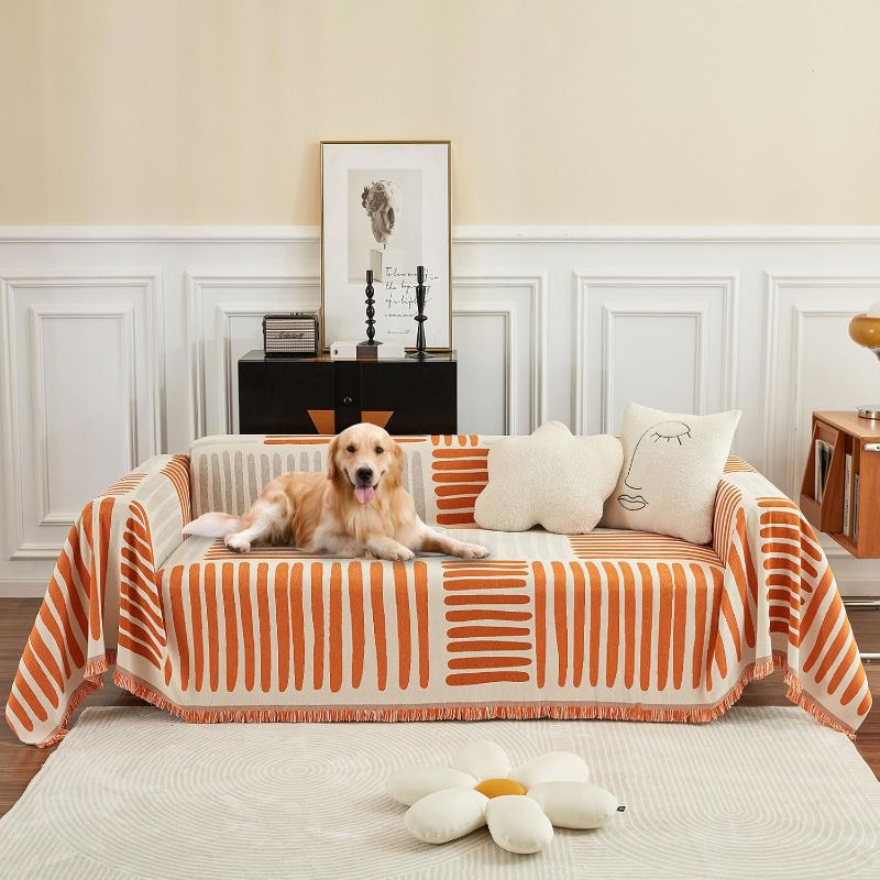 Photo 1 of Chenille Couch Cover Minimalist Anti-cat Scratch Soft Chenille Sofa Towel Blanket Four Season Use Dust-Proof Sofa Towel Blanket,Pet Furniture Protector, Orange 71"x150"