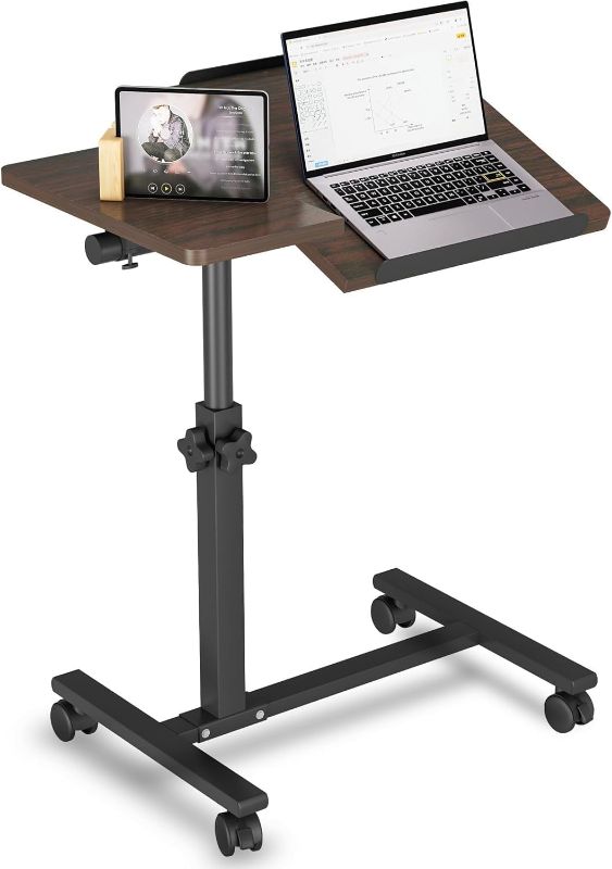 Photo 1 of Mobile Laptop Stand for Couch Overbed Table with Wheels Adjustable Height Tilting Sofa Laptop Bed Table Rolling Cart Medical Overbed Table (Brown)