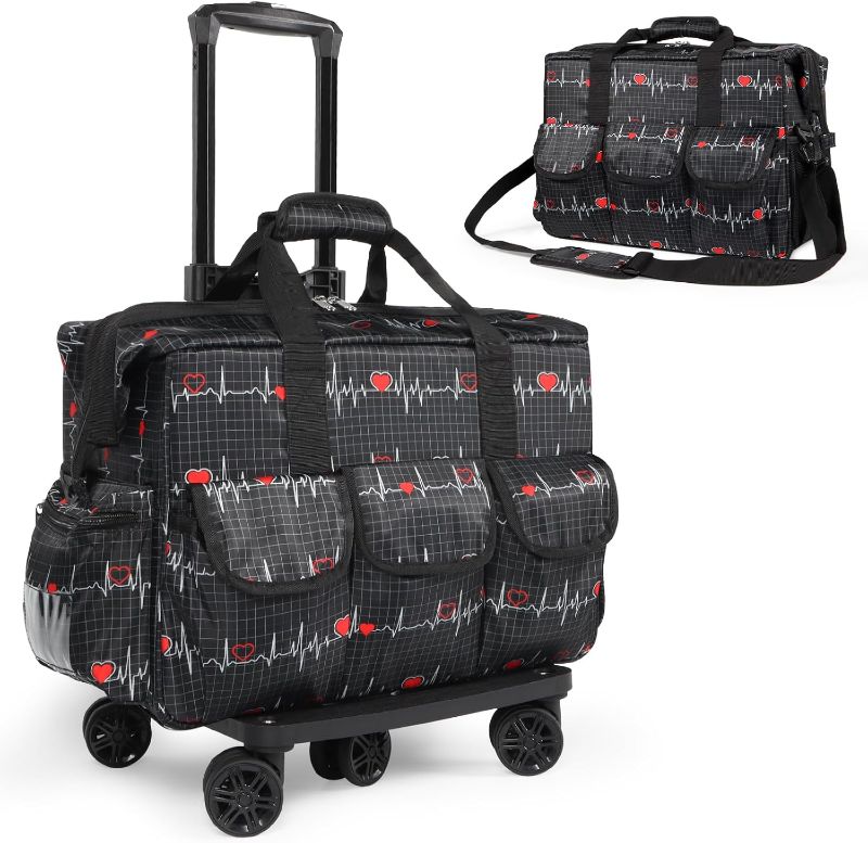 Photo 1 of Nurse Rolling Medical Duffle Bag Work Nursing Clinical Home Health Cna Nr Gift Carry On Bag Wheel Doctor Emt Ems Healthcare (black and white)