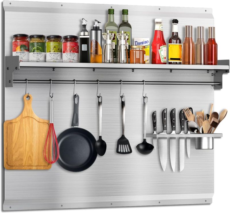 Photo 1 of 30x24 Inch Stainless Steel Stove Backsplash with Shelf, 6 Hooks & Knife Stand - Rust-Proof Kitchen Wall Protector Stainless Steel - Easy No-Drill Installation