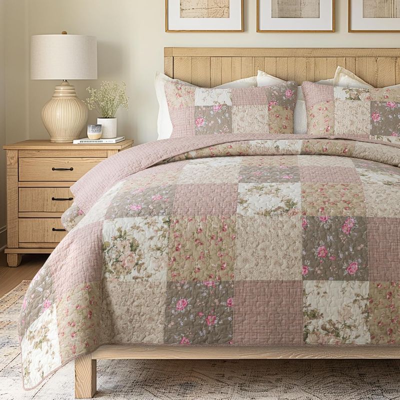Photo 1 of (Q) SLPR Secret Garden Cotton Quilt Set Queen with 2 Shams Pink Floral Flower Pattern