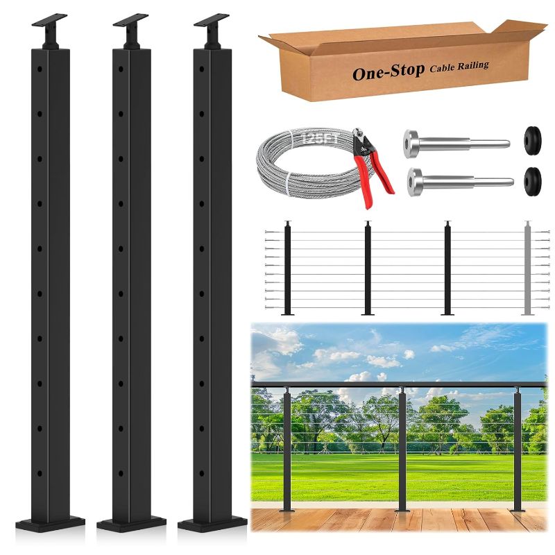 Photo 1 of 36" Complete Set Cable Railing Post Kit, 3 Pack Level Drilled Cable Deck Railing System DIY Kit Including 3 Adjustable Top Cable Posts, 125FT 1/8" Cable, 20 Terminal, 60 Grommets (No Handrail)