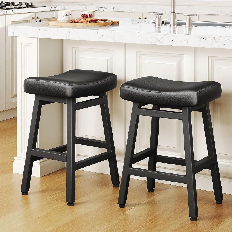 Photo 1 of Counter Height Bar Stools Set of 2, 24 Inch Barstools for Kitchen Counter, Kitchen Stools with Bonded Leather Saddle Seats & Heavy Duty Metal Legs, Easy Assembly, All Black