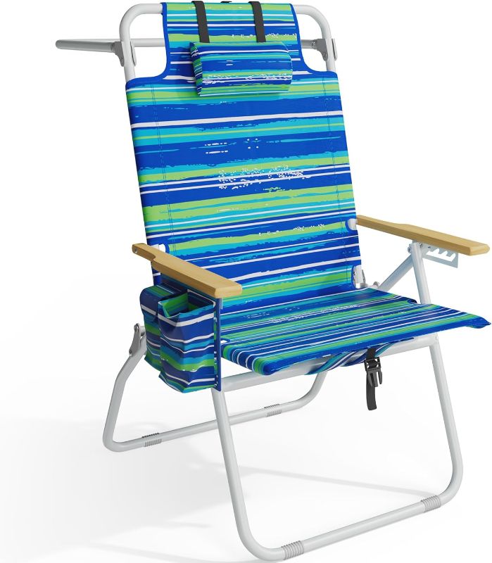 Photo 1 of Tall Beach Chairs for Adults, 17" High Backpack Beach Chair with Wooden Armrests, 5 Positions Reclining Heavy Duty Chair with Large Cooler Pouch, Support to 350LBS Striped Blue&Green,1pack